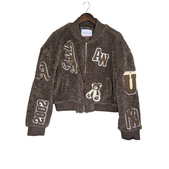Azalea Wang Womens Y2K Teddy Varsity Bomber Jacket Size XL Brown Sherpa Fleece - Picture 1 of 11